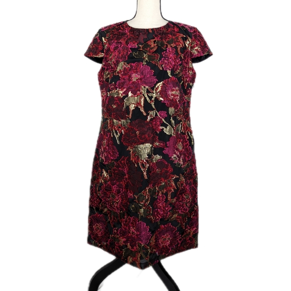 NWT SAM EDELMAN Red & Gold Metallic Brocade Mini Shift Dress, Size 14 - Picture 1 of 12